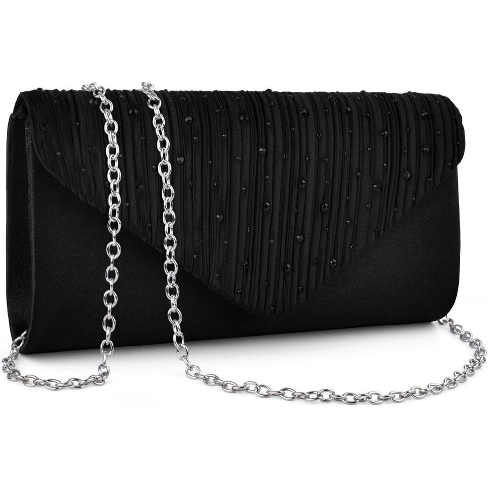 🆕Women's Black Satin Formal Evening Clutch Purse, Sparkling Shoulder Bag